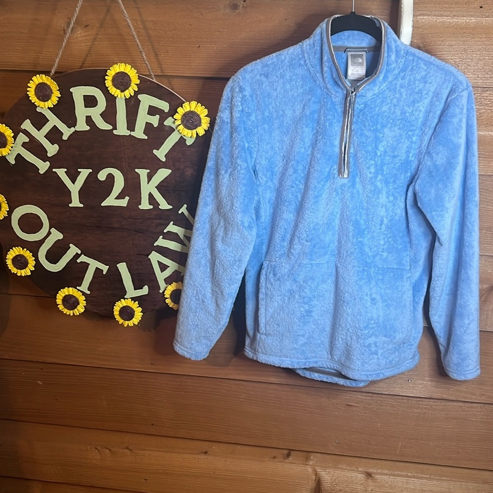 North Face Fuzzy Girls Quarter 1/4 Zip Blue Silver Pocket Kangaroo Pouch Jacket